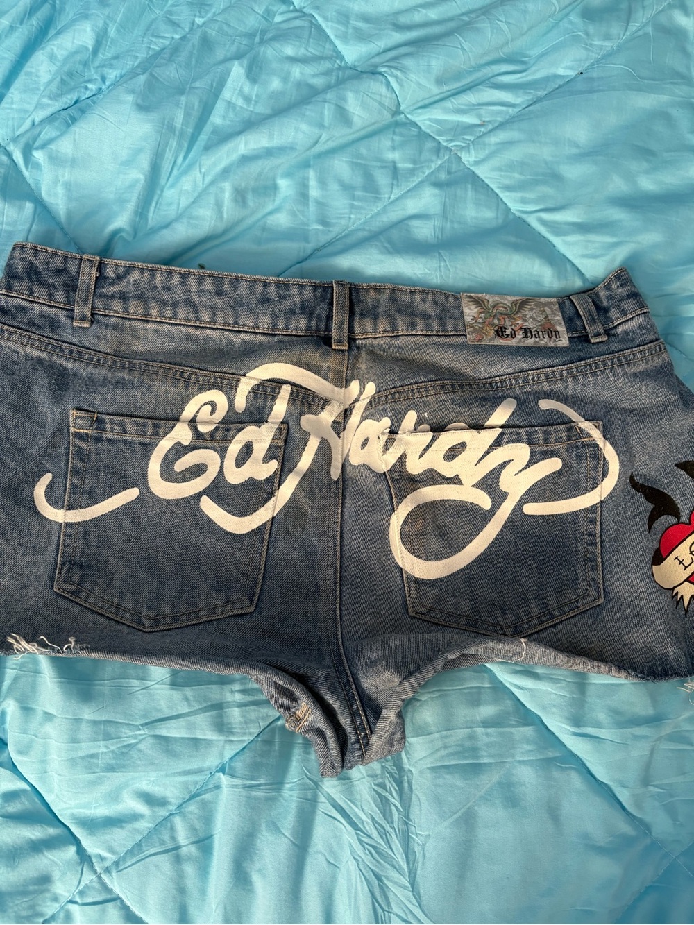 Ed Hardy Blue Denim Logo Jean Shorts with White Script